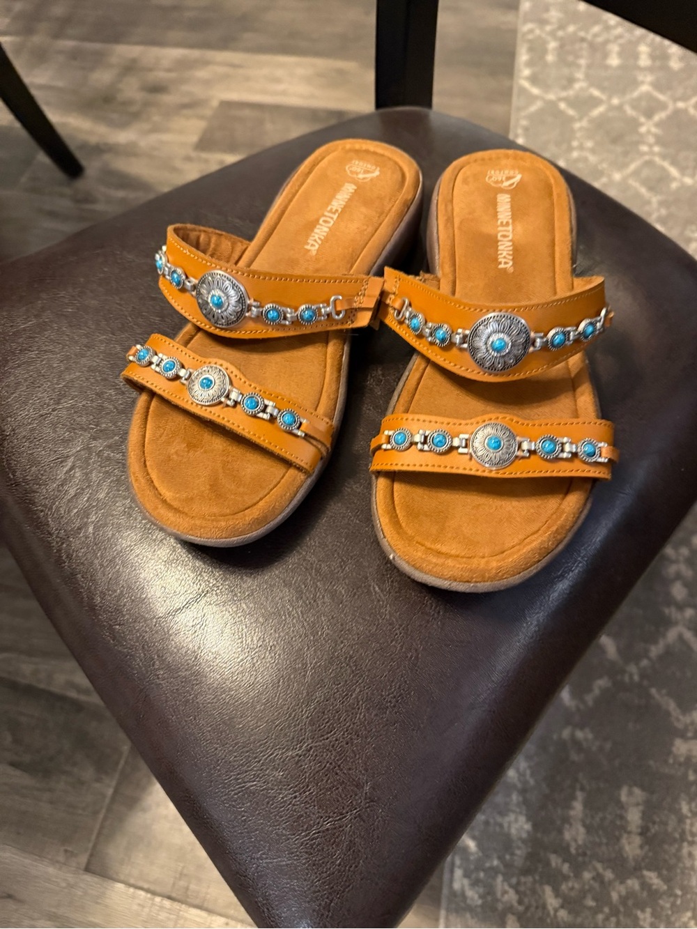 Minnetonka Tan Slide Sandals with Turquoise Bead Accents